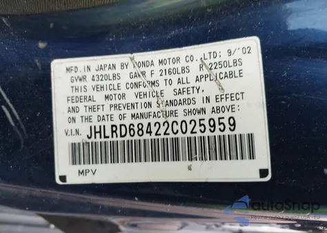 2002 Honda Cr-V Lx from USA, damaged, VIN JHLRD68422C025959